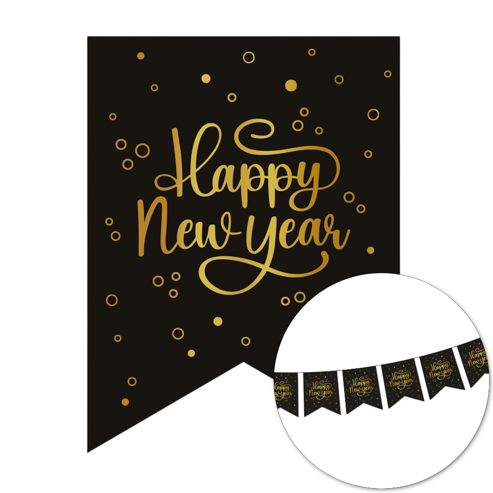 Happy New Year Slinger Zwart Goud Banner 6m