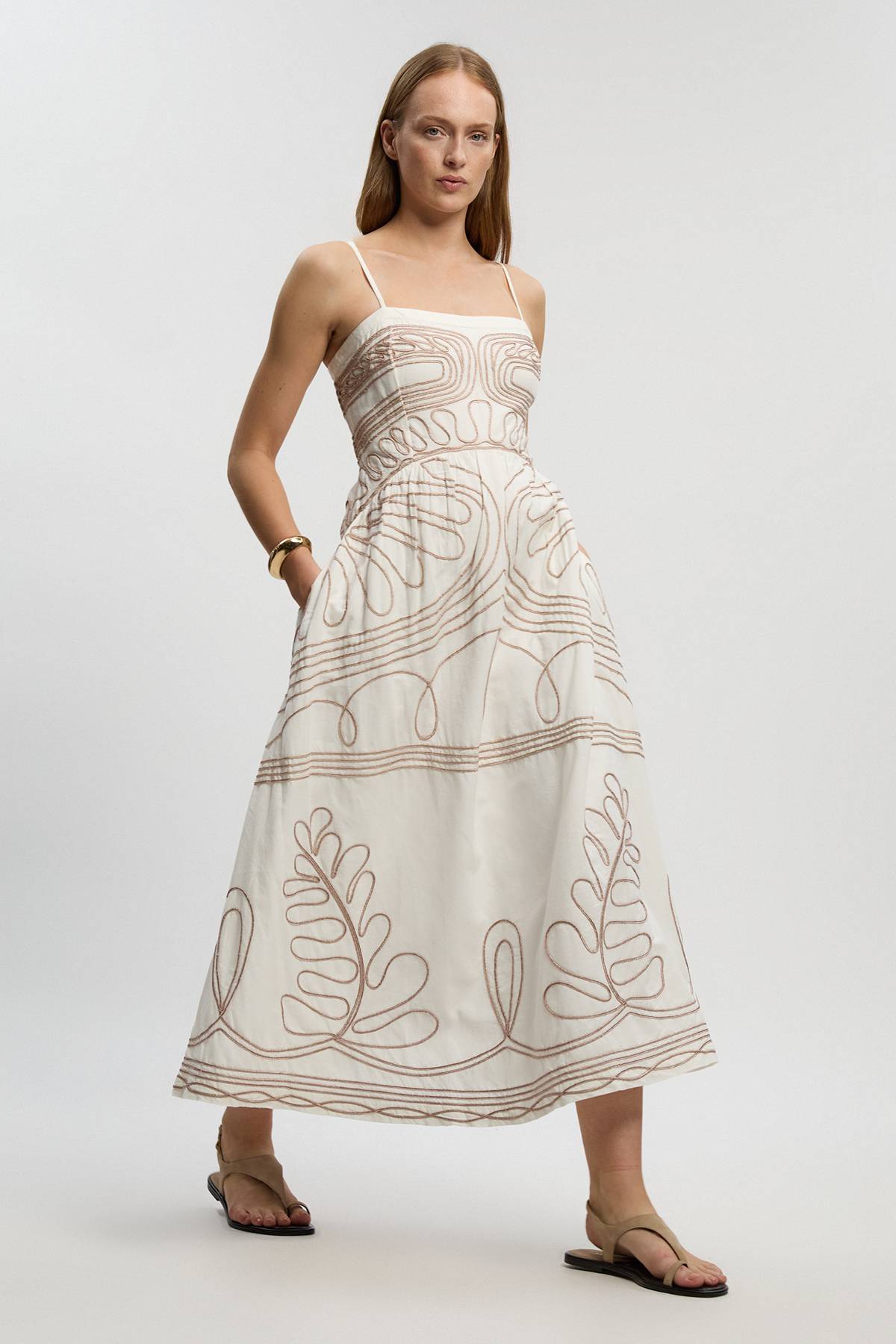 KarenMillen Robe Midi Tissée À Bretelles En Coton Lin Avec Broderie Cornelli