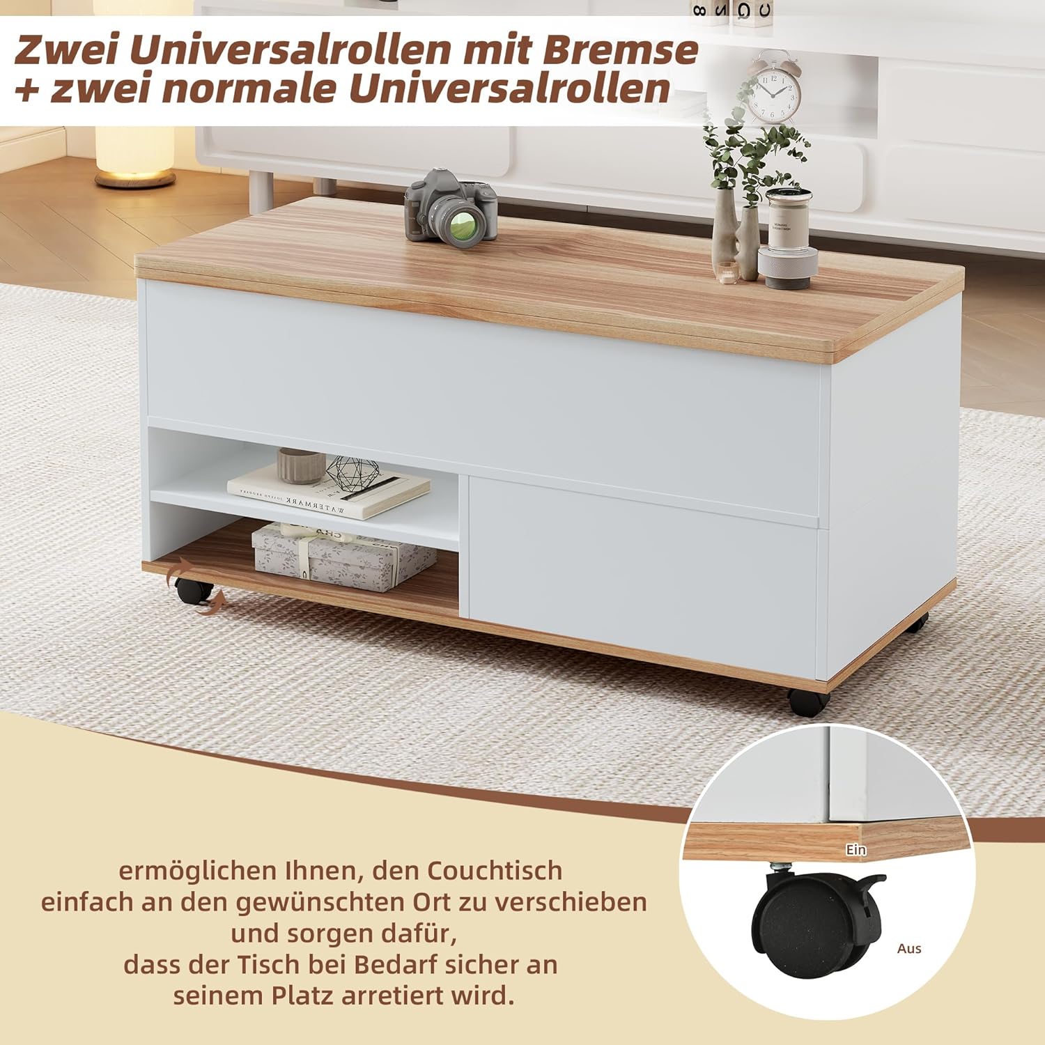 Merax Couchtisch, höhenverstellbarer Wohnzimmertisch, 3-in-1-Multifunktions-Kaffeetisch mit Verstecktem Stauraum & Schubladen & Rollen, Umwandelbar in Esstisch, Sofatisch für Büro, Weiß & Holzfarbe