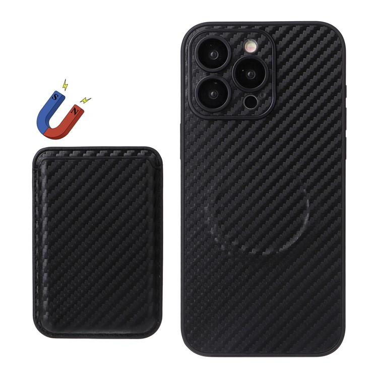 iPhone 15 Pro MagSafe 2in1 Leder Hülle Wallet Case mit Magnetischem Kreditkartenfach im Carbon Look - Schwarz