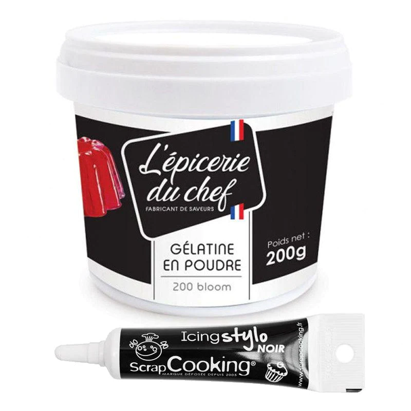 Gélatine en poudre 200 g + Stylo de glaçage noir Scrapcooking