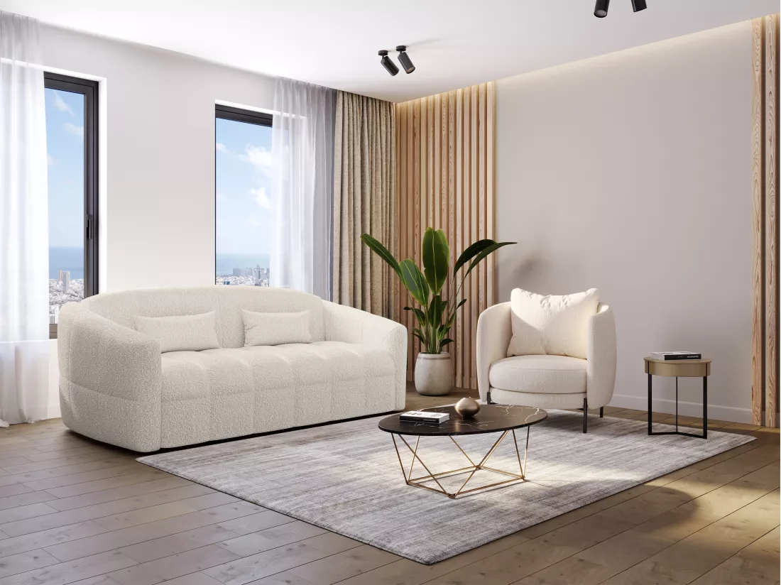 Canapé 4 places convertible express en tissu bouclette beige - Couchage 160 cm - Matelas 13 cm RETUNA II