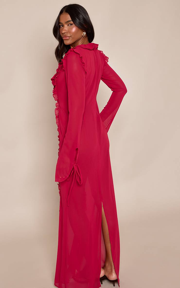 Rose Fuchsia Robe Longue En Mousseline À Manches Longues Avec Détails Volantés Et Décolleté Plongeant