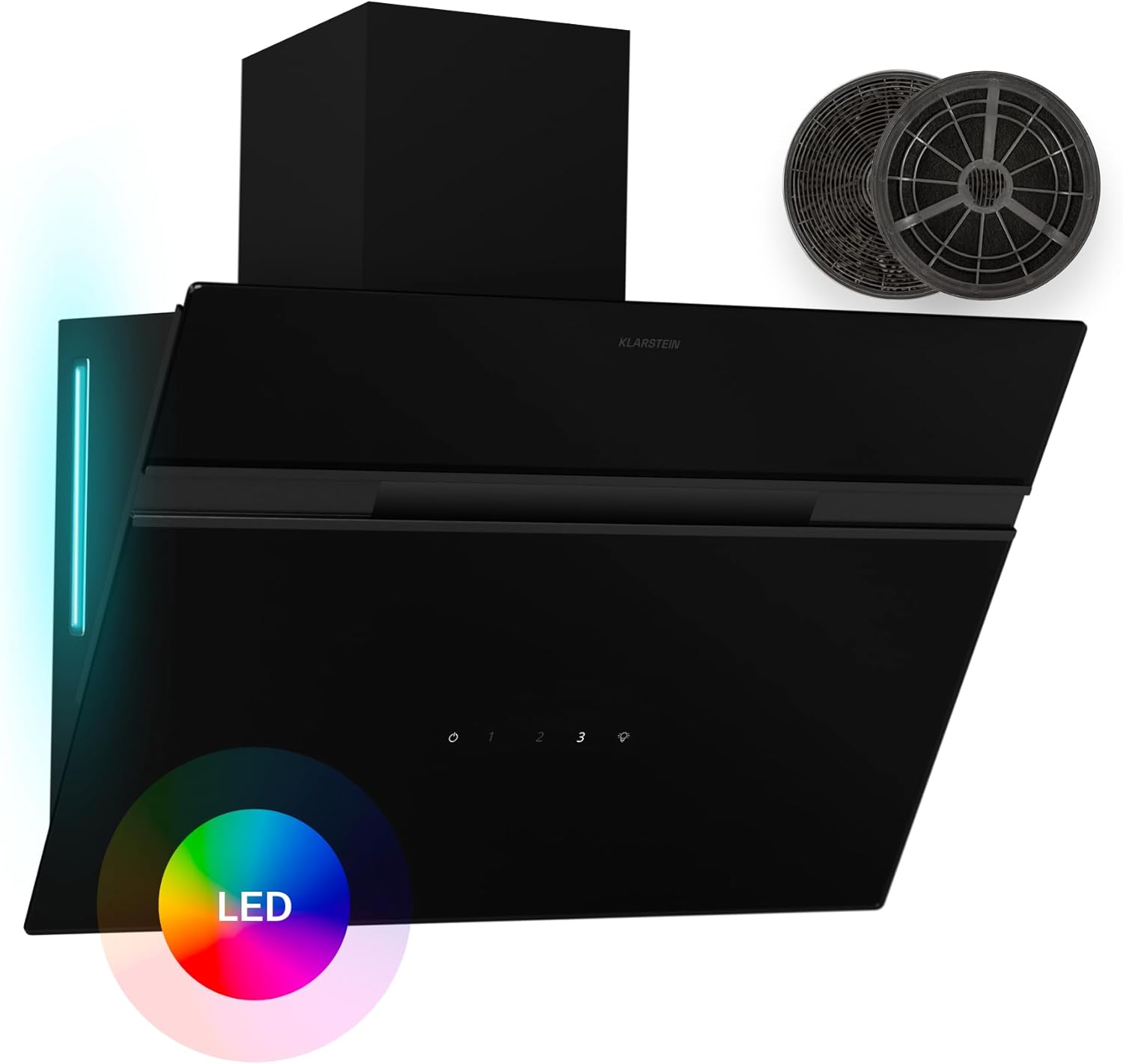 Klarstein Dunstabzugshaube Alina - 60-cm-Wandhaube, 600 m³/h Luftstrom, Energieeffizienzklasse A, LED-Beleuchtung in 9 Farben, Touch-Bedienfeld, Umluftbetrieb, Schwarz
