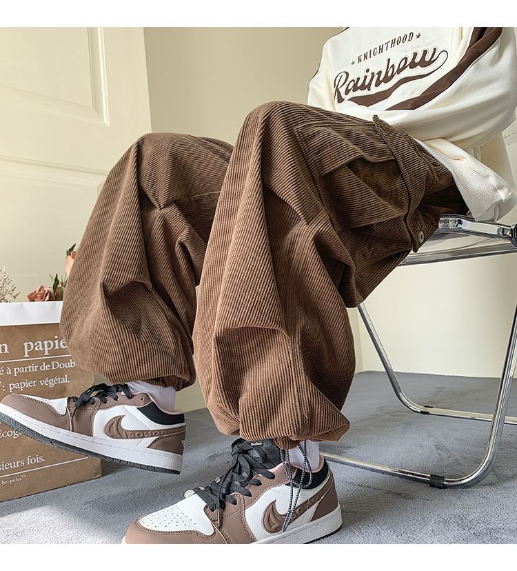 Femilina - Mid Rise Plain Corduroy Wide Leg Cargo Pants