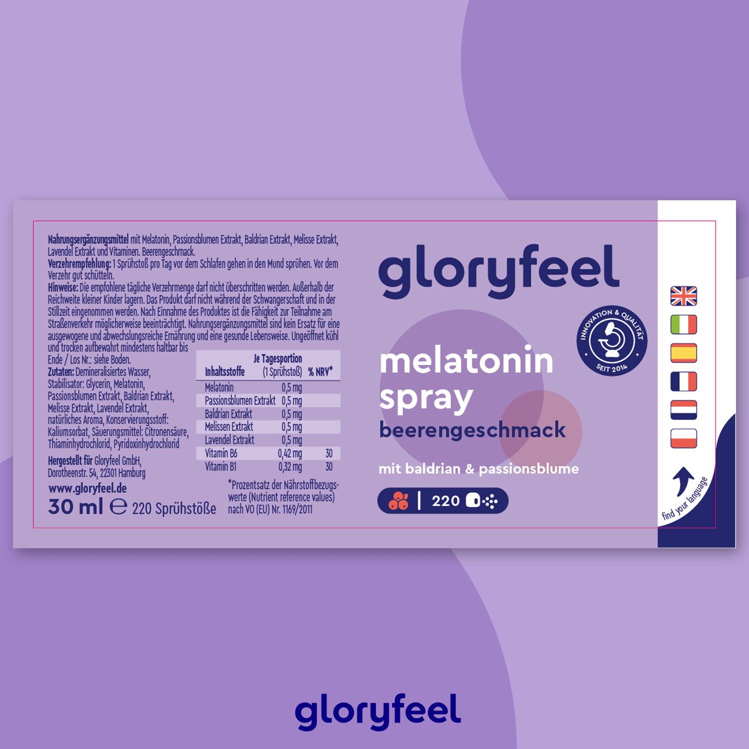 gloryfeel® Melatonin + Baldrian, Lavendel & Melisse Spray Beere