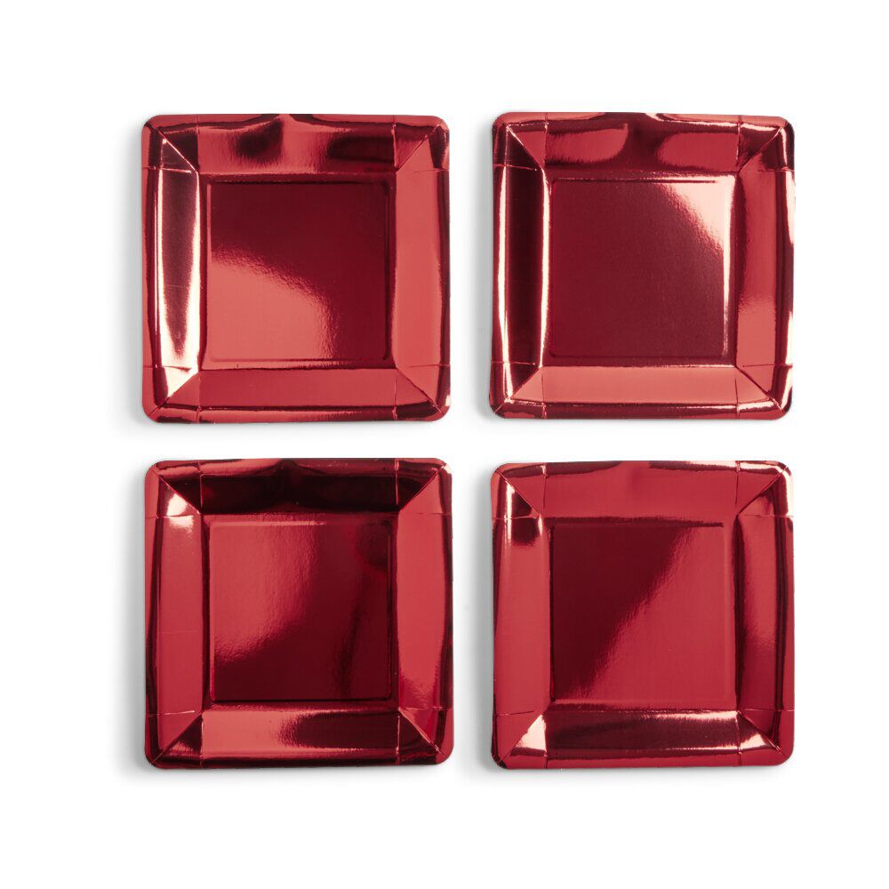 Plateau de présentation carré x4 en carton métallisé rouge 23x23cm