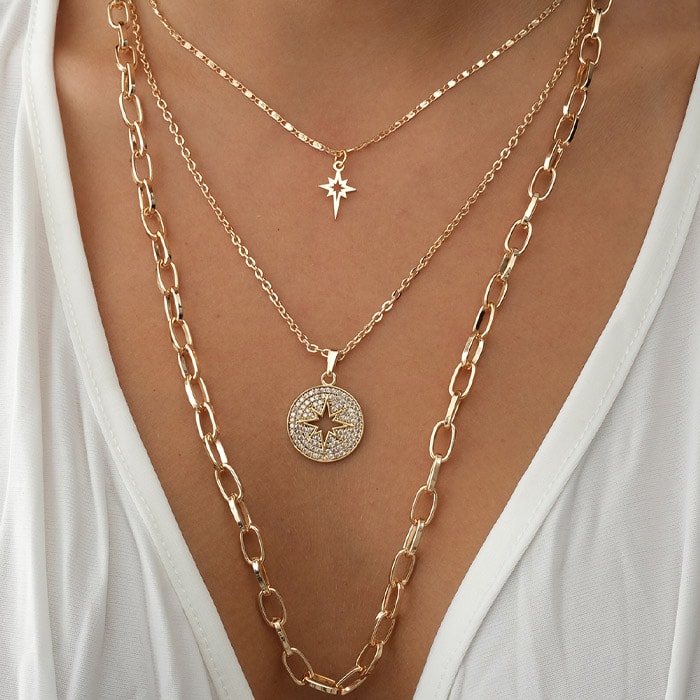 Collier multi-rangs - Laiton plaqué or & pierre de zircon