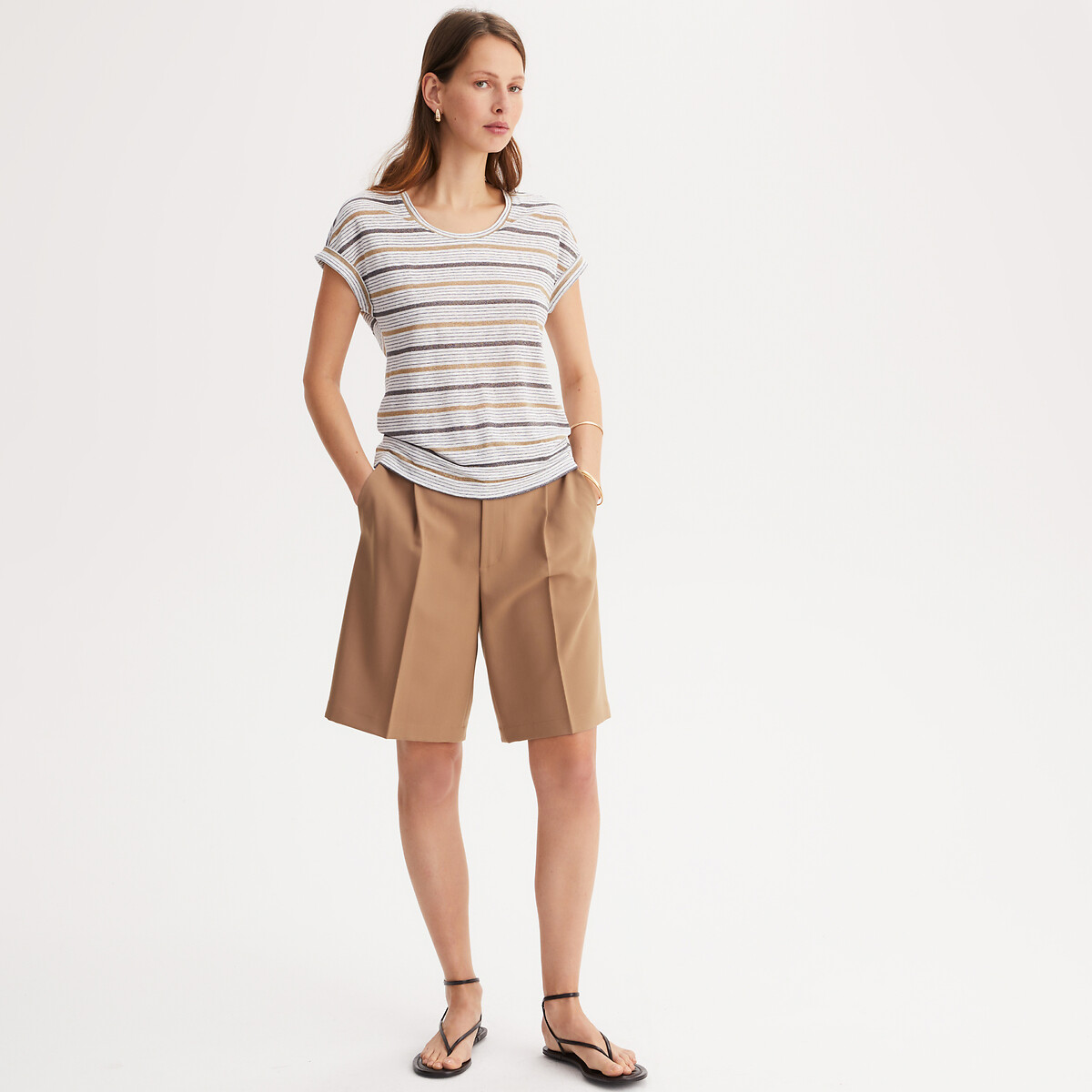 ANNE WEYBURN<br>Camiseta listrada de linho, gola redonda, mangas curtas