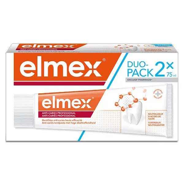 Pasta de dentes profissional anticárie Elmex, embalagem com 2 unidades de 75ml