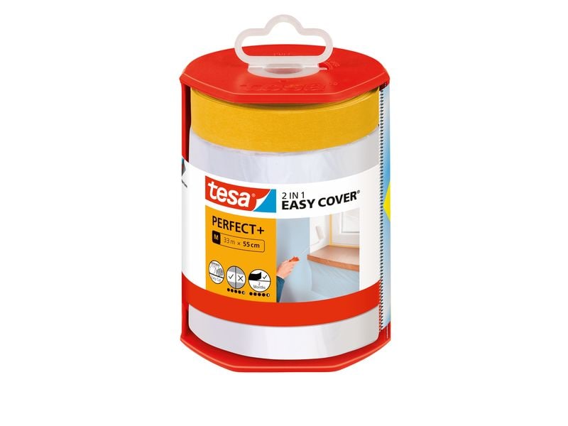 tesa Abdeckfolie Easy Cover Perfect  Refill M, 33 m x 550 m Malerband und Spender mit Abreissklinge für alle Renovierungsarbeiten