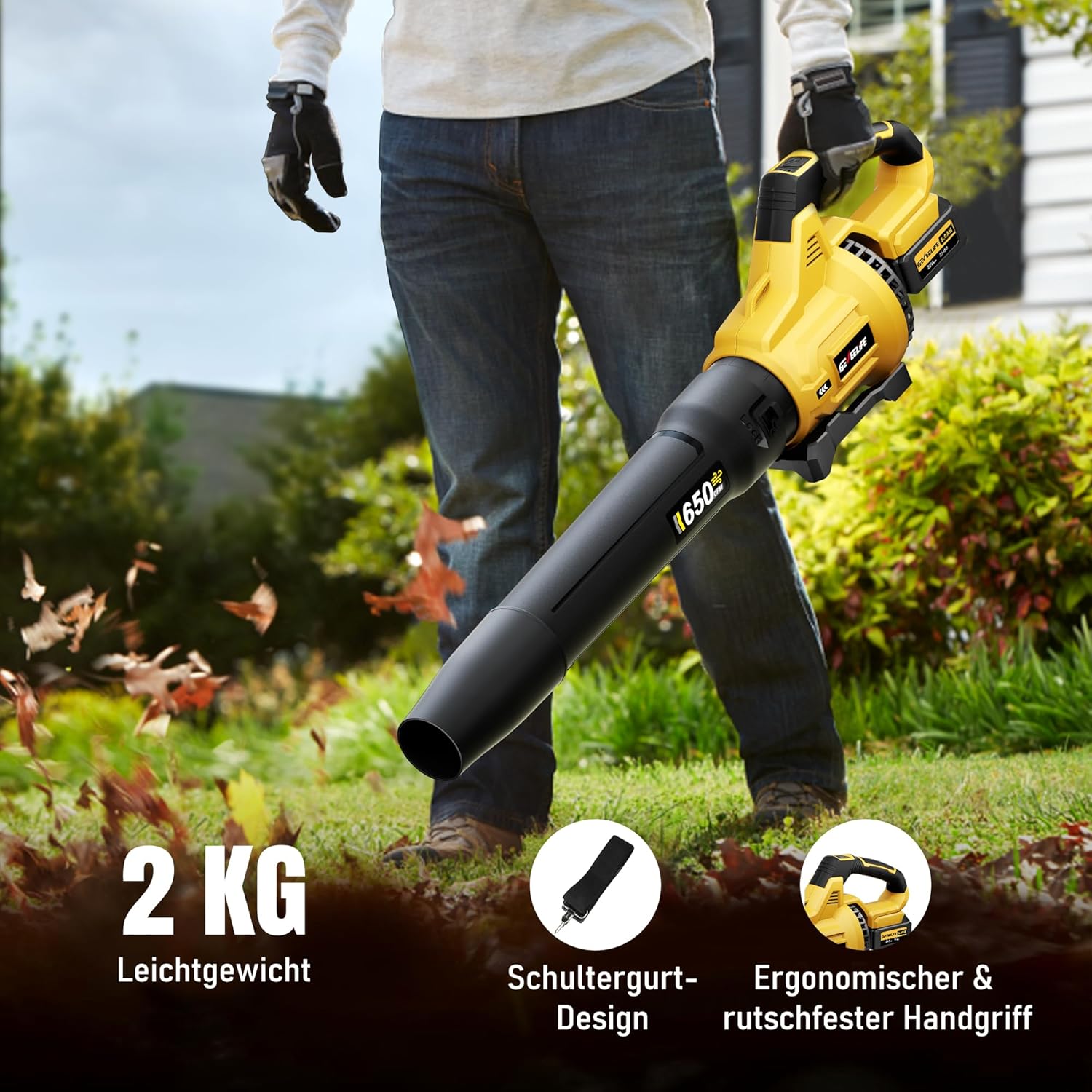 GEVEELIFE Akku-Laubbläser, 18V 257 km/h Elektrischer Laubbläser mit 3-Gang & 2x5,2Ah Akkus –Kabellos laubbläser für für Garten, Laub,Staub & Schnee (Inklusive Batterie), Gelb