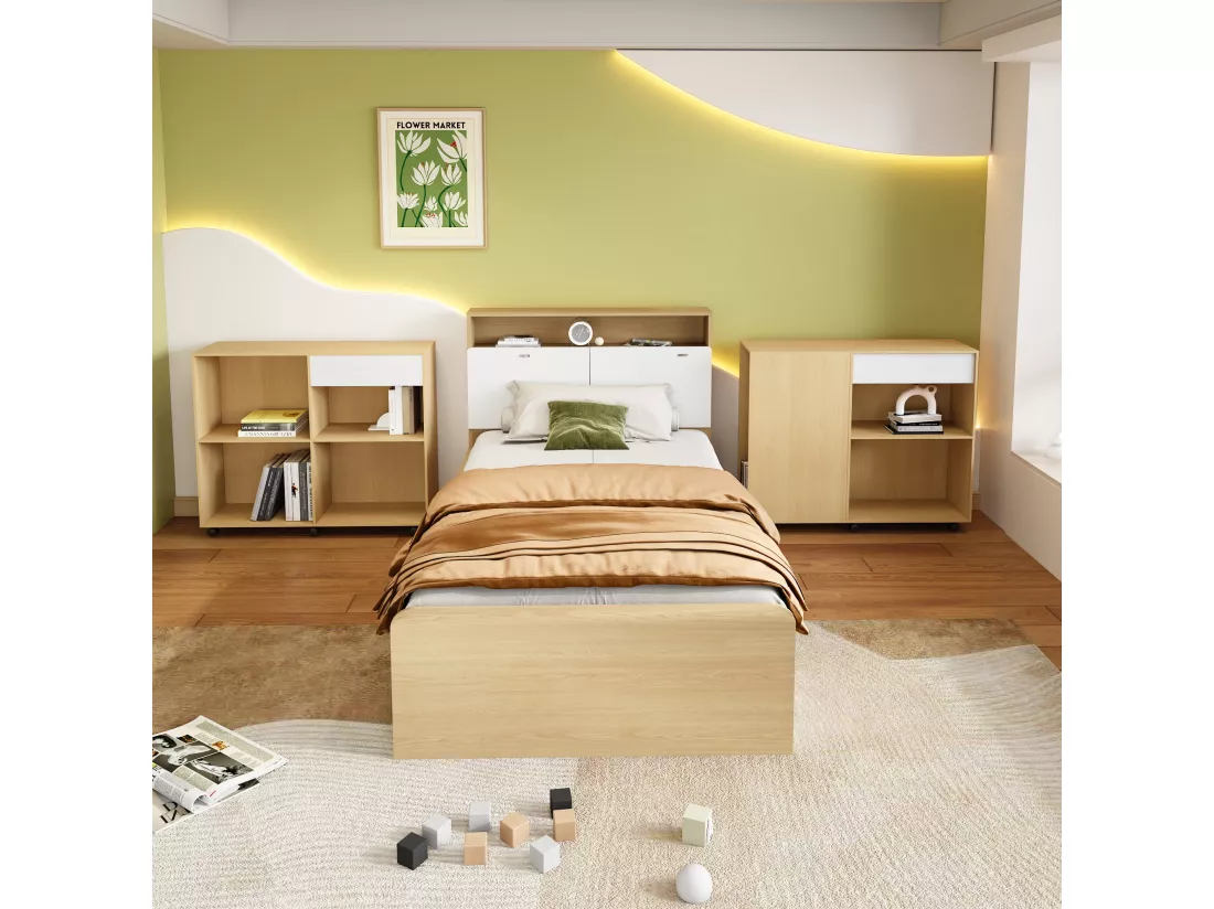 Ensemble lit enfant 90 x 200 cm avec 4 tiroirs et 2 armoires à roulettes - MDF + panneaux de particules - coloris blanc + chêne clair
