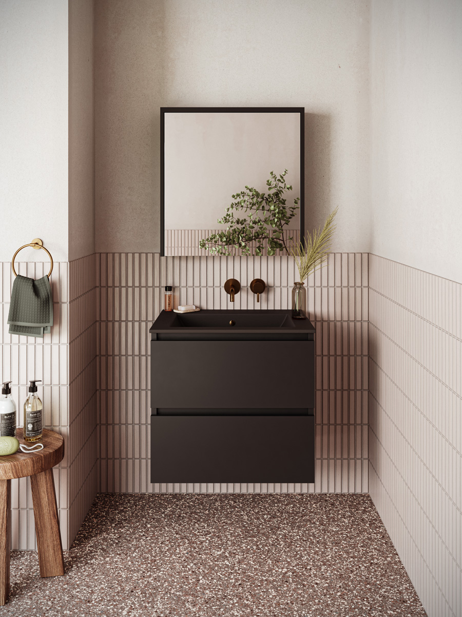 Fontana Rovigo badmeubel 60cm zwart mat met zwarte wastafel zonder kraangat en spiegelkast zonder verlichting