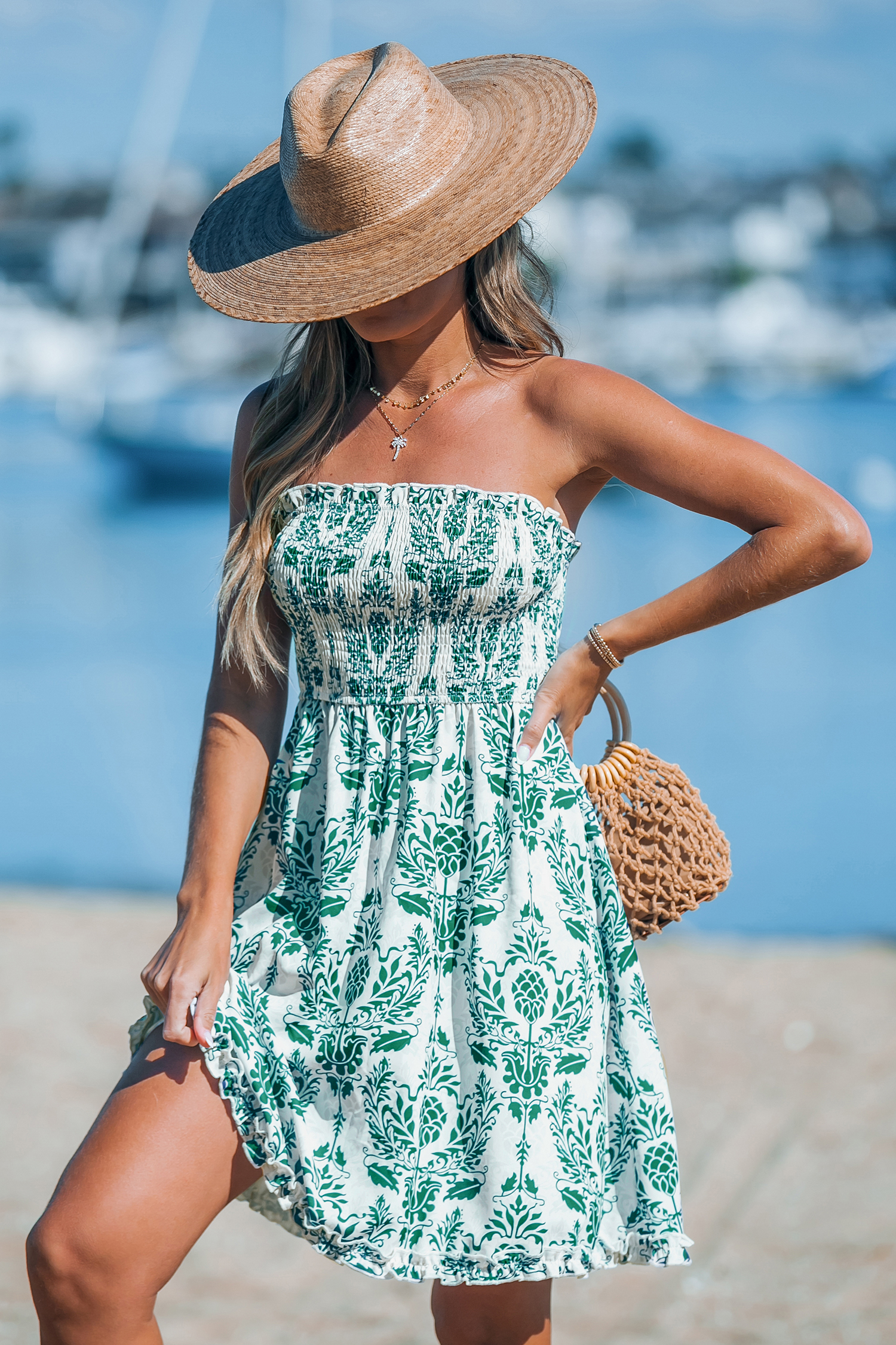 Robe mini tube avec corsage à smocks verte boho