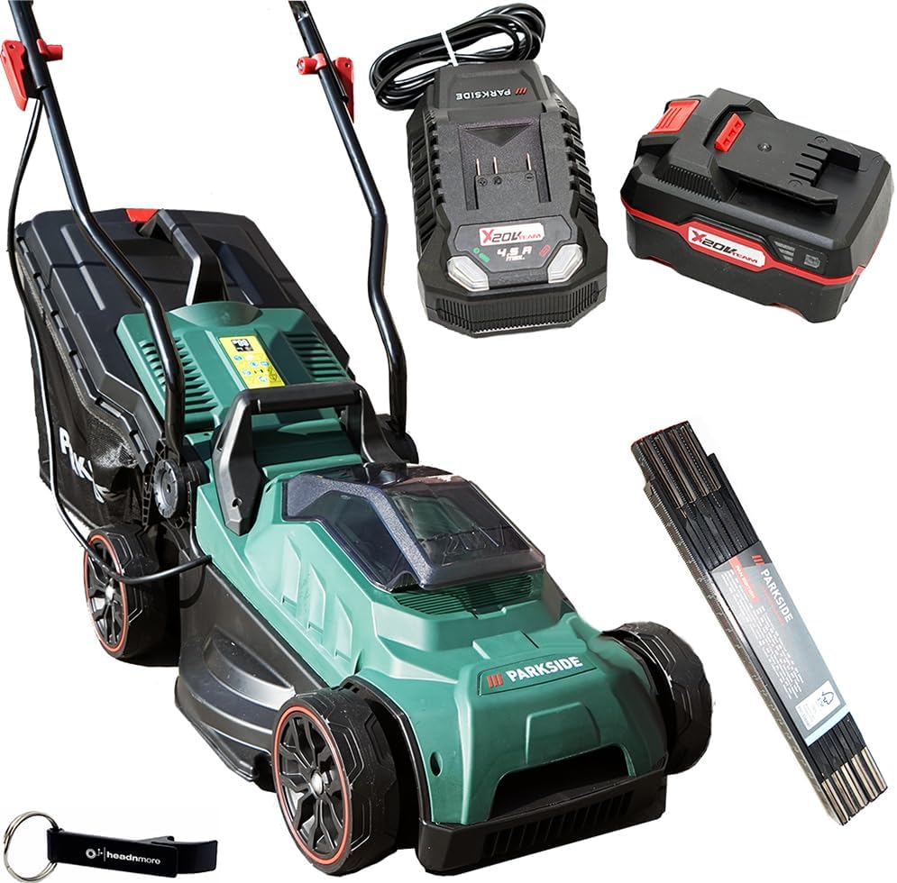 HEADNMORE® Bundle - Parkside® 20V Akku Rasenmäher PRMA 20-Li C3 (inkl. 4Ah Akku) + Zollstock und Schlüsselanhänger