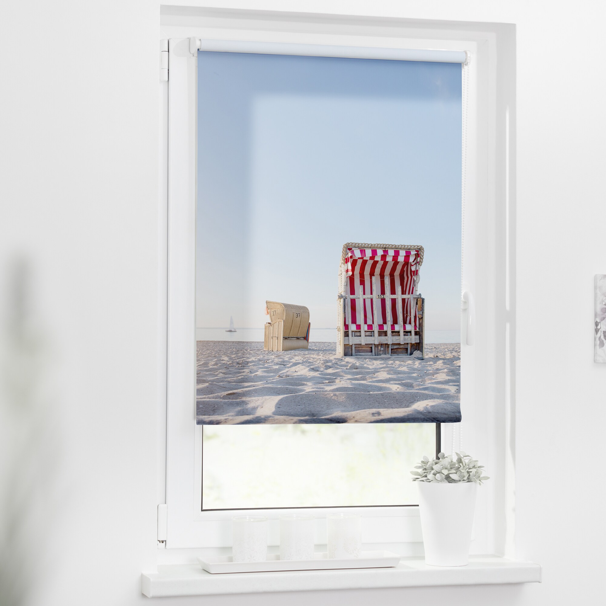Lichtblick Rollo Klemmfix, ohne Bohren, Verdunkelung, Strandkorb - Blau Beige