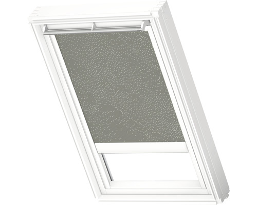 VELUX verduisterend rolgordijn, olijfgroen met stippen, op zonne-energie, wit frame, DSL C02 4575SWL
