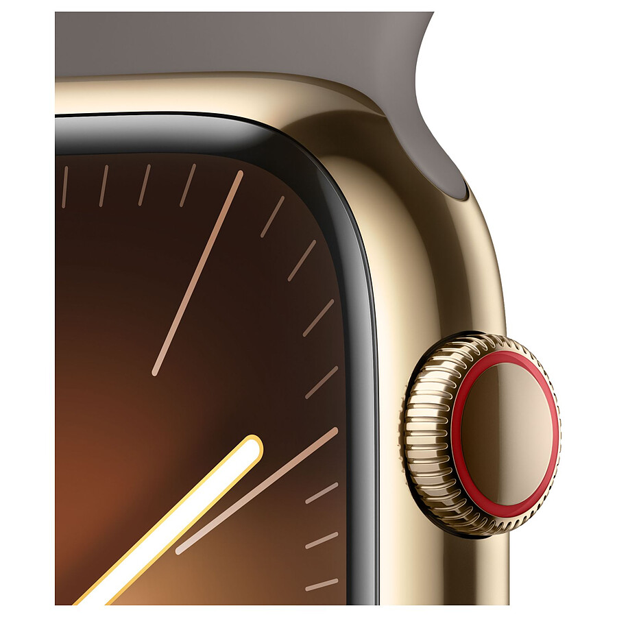 Apple Watch Series 9 GPS + Cellular - Acier Inoxydable Or - Bracelet Sport Band Argile - 45 mm - Taille S/M
