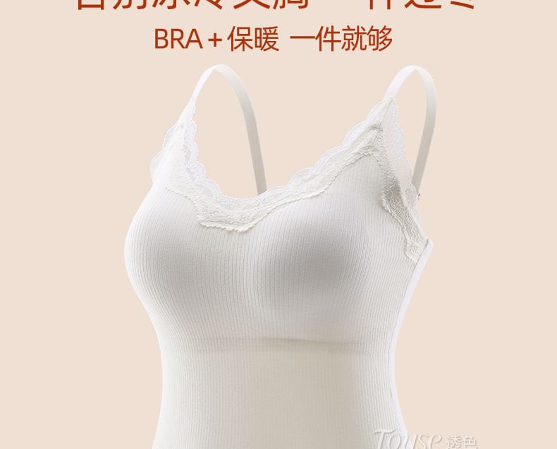 Yunlela - V-hals, gewatteerde thermische crop top met kanten rand