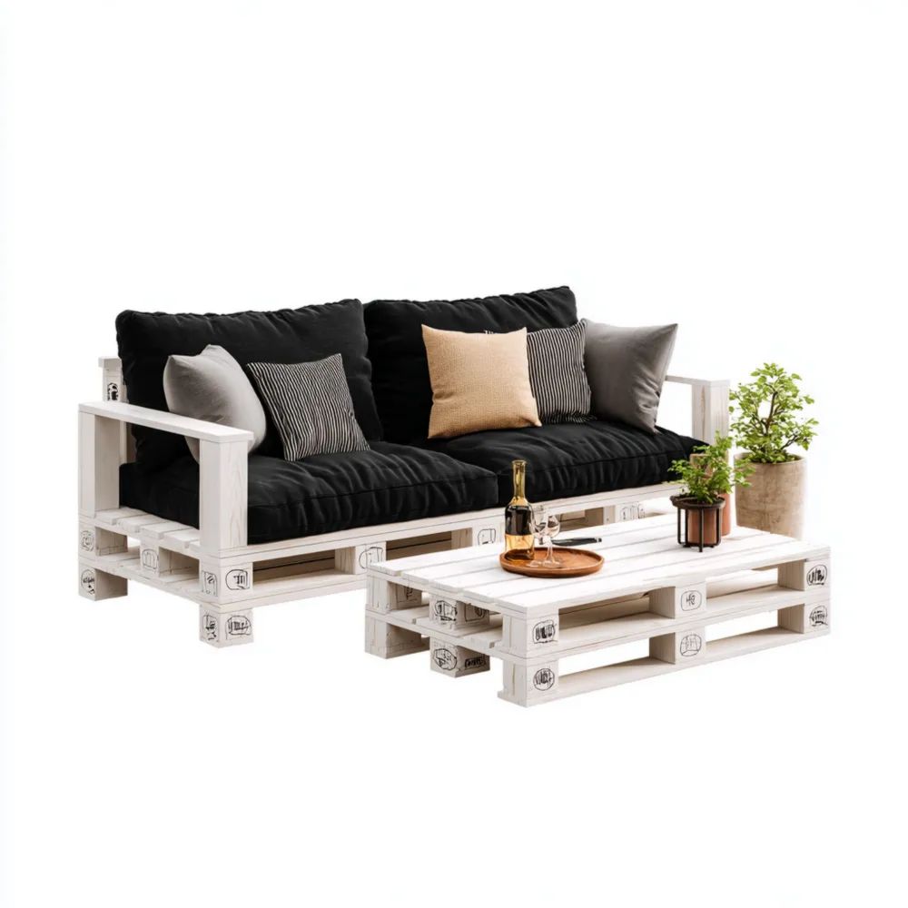 Paletten-Sofaset Holz 200x75x65 cm – Schwarz – Industrieller Stil