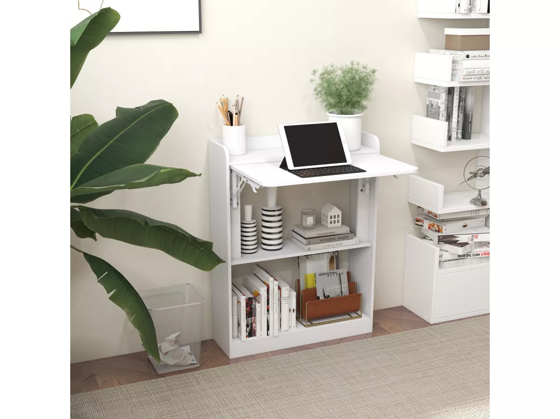 Bureau mural pliable d'appoint table murale rabattable suspendue avec bibliothèque 3 étagères panneaux blanc