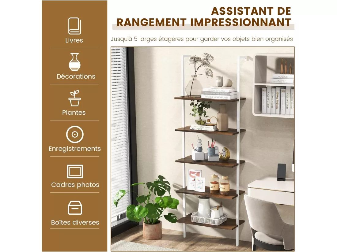 Étagère Échelle Bibliothèque à 5 Niveaux avec Cadre Métallique, Étagère Murale à 5 Niveaux 60x30x180CM (Marron + Blanc)