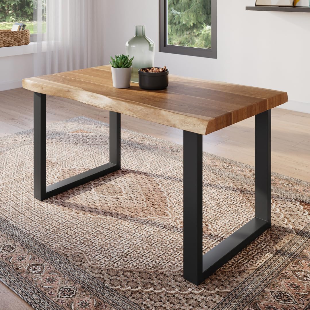 Esszimmertisch 120x80 cm, Akazienholz massiv, Tischplatte naturfarben, echte Baumkante, U-Gestell schwarz, Baumkantentisch