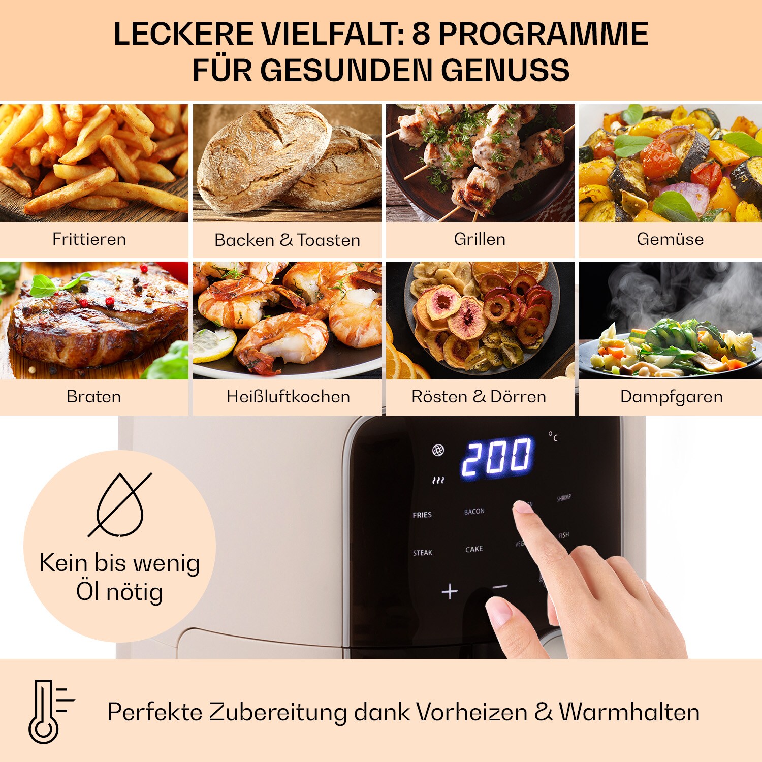 Crisp-Pro Heißluftfritteuse Air Fryer 1400W 3,5 Ltr 8 Programme Timer