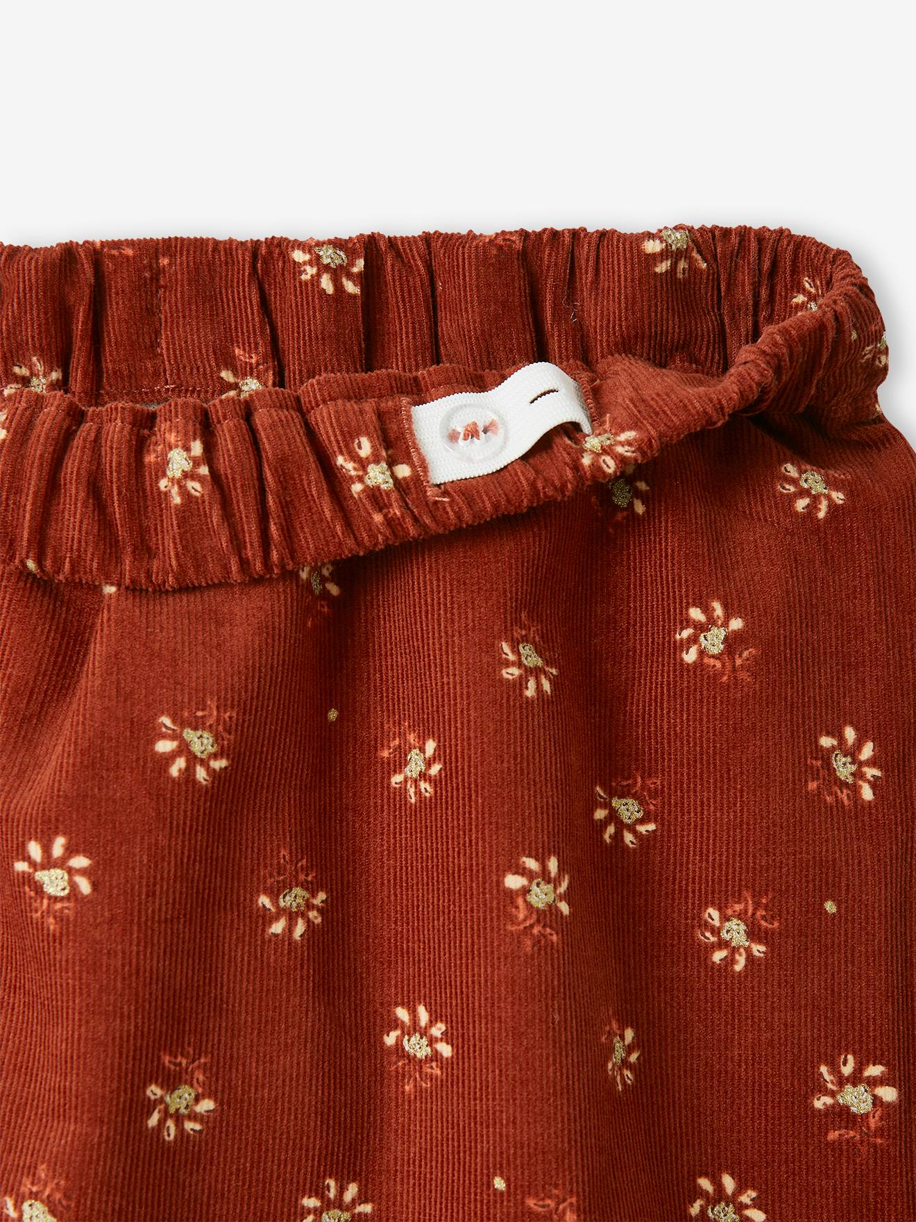 Saia de veludo cotelê com estampa floral e detalhes iridescentes, para meninas, marrom médio.