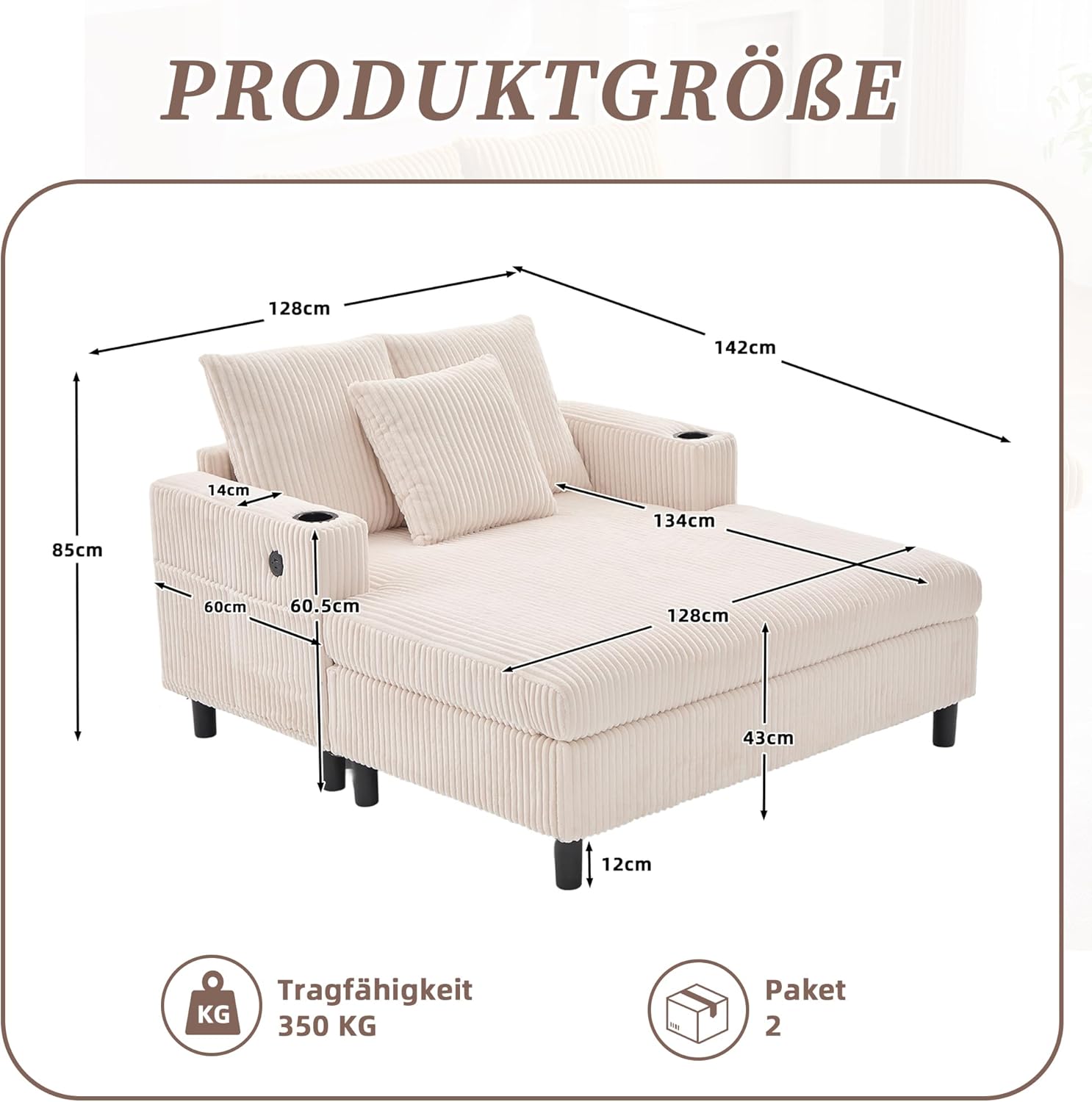 Chaiselongue Schlafsofa 2-Sitzer, Sofa mit LED & USB-C-Port & 2 Kissen & Getränkehaltern, Bettsofa, Für Wohnzimmer & Schlafzimmer, Beige