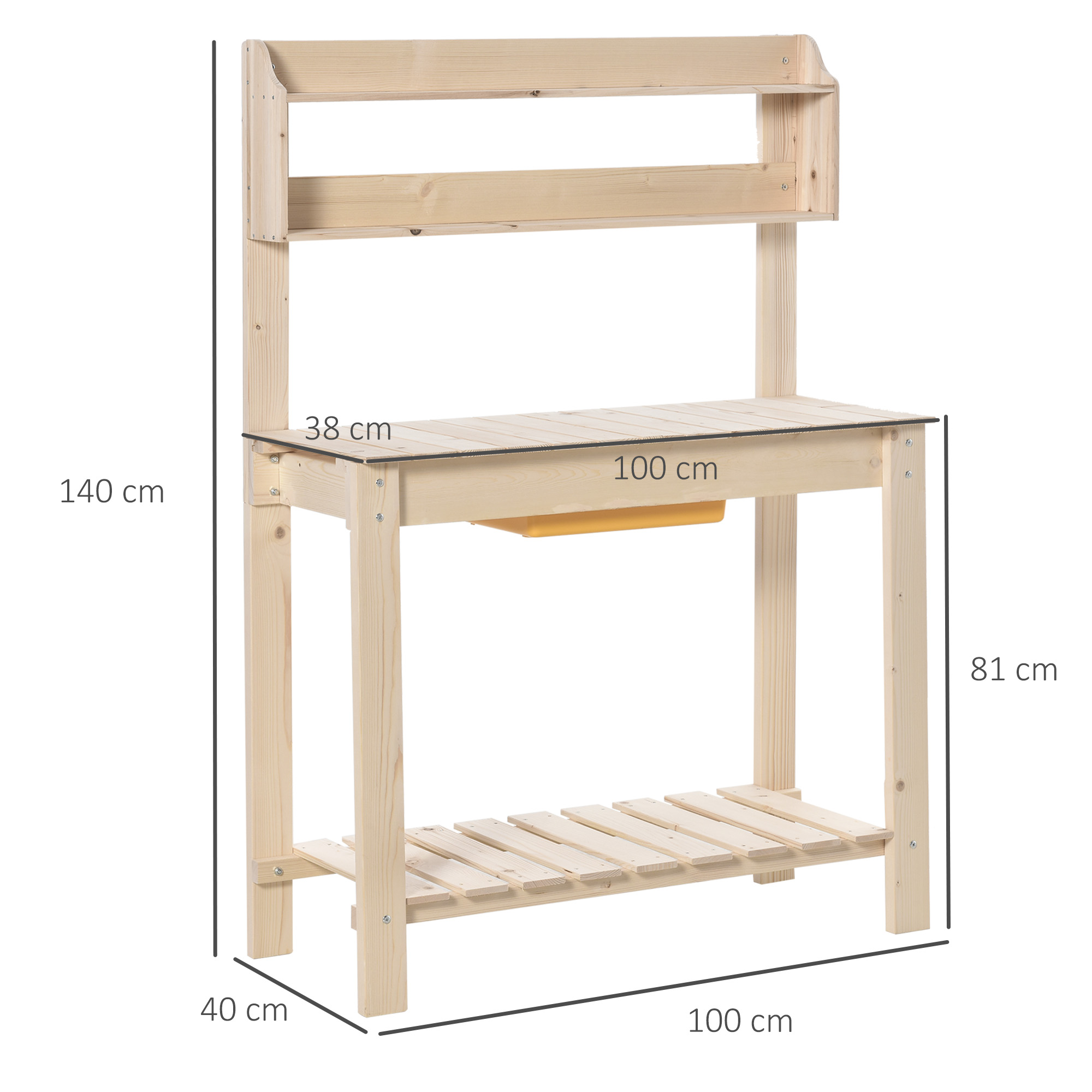 Mesa de madeira Outsunny para plantas, mesa para vasos de flores, mesa de trabalho com tampo deslizante, 3 prateleiras, ganchos, jardim, pátio, garagem, 100x40x140 cm, natural