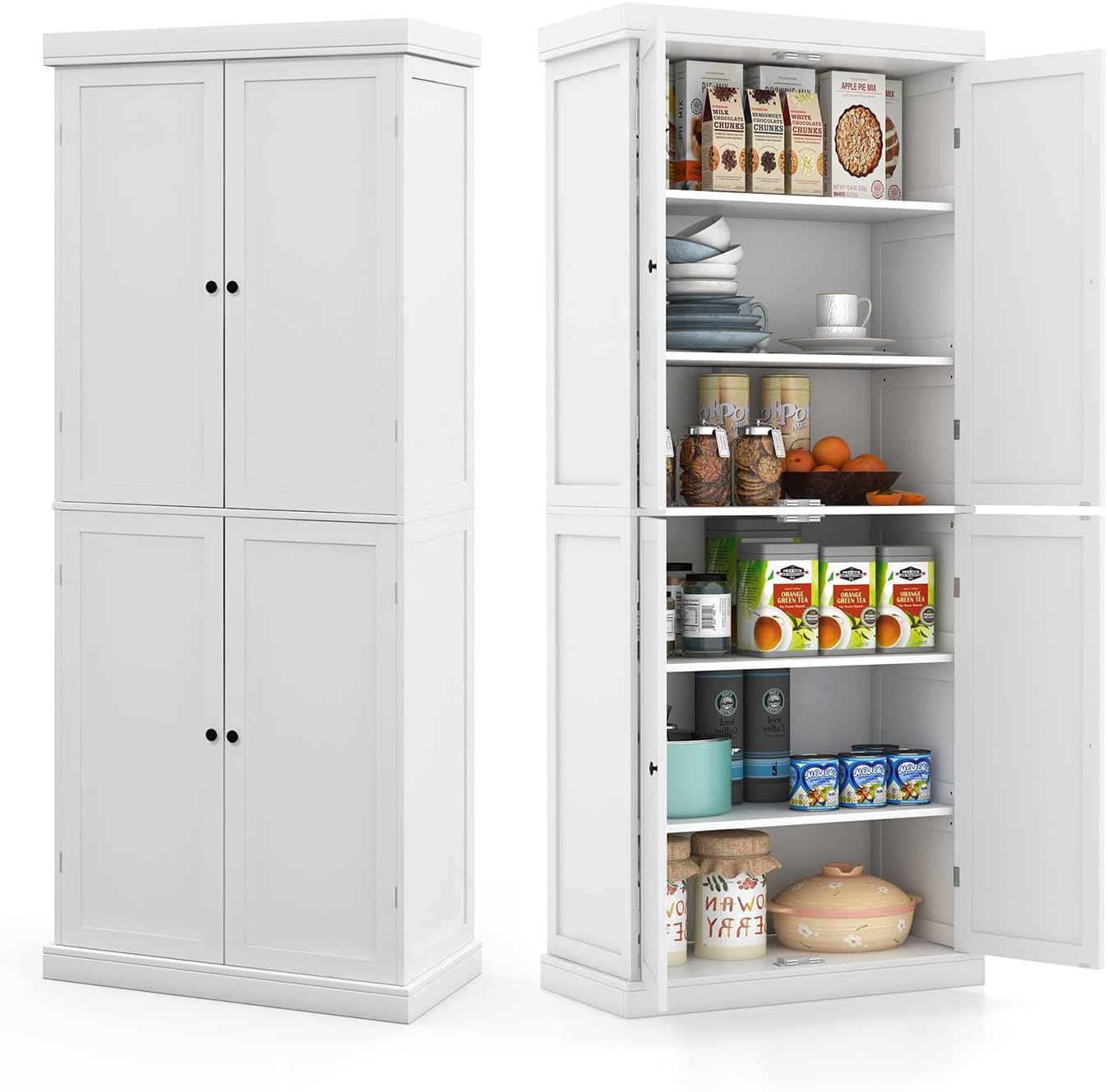 KOMFOTTEU Hochschrank Buffetschrank mit Doppeltür, Küchenschrank Vorratsschrank Holz, Aufbewahrungsschrank mit 6 verstellbaren Einlegeböde für Wohnzimmer Esszimmer, 76x40x184,5cm Kippschutz (Weiß)