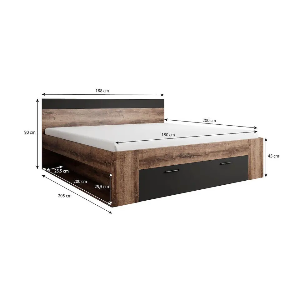 Meubella - Tweepersoonsbed Brown - Zwart - Eiken - 180x200 cm