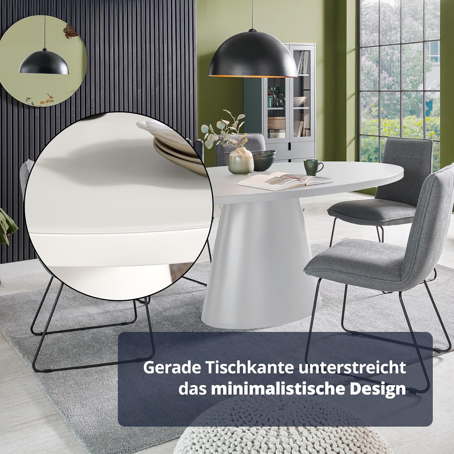 KHG Esstisch Oval 200x100 cm, Weiß mit Glasplatte, Platz für 8 Personen, bis 100 kg belastbar - Minimalistisches Design, konisches Tischgestell, modern & pflegeleicht