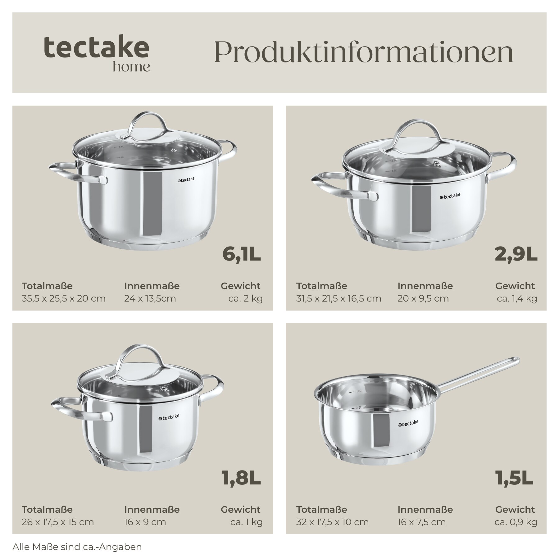tectake® Kochtopfset, 7-teilig, aus Edelstahl, für Induktion geeignet, Glasdeckel mit Dampfabzug, integrierte Messskala in den Töpfen