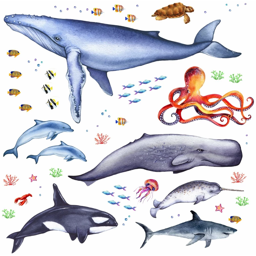 Nikima Wandtattoo 166 Tiere der Meere - Blauwal, Hai, Delfin, Orca in 6 vers. Größen blau