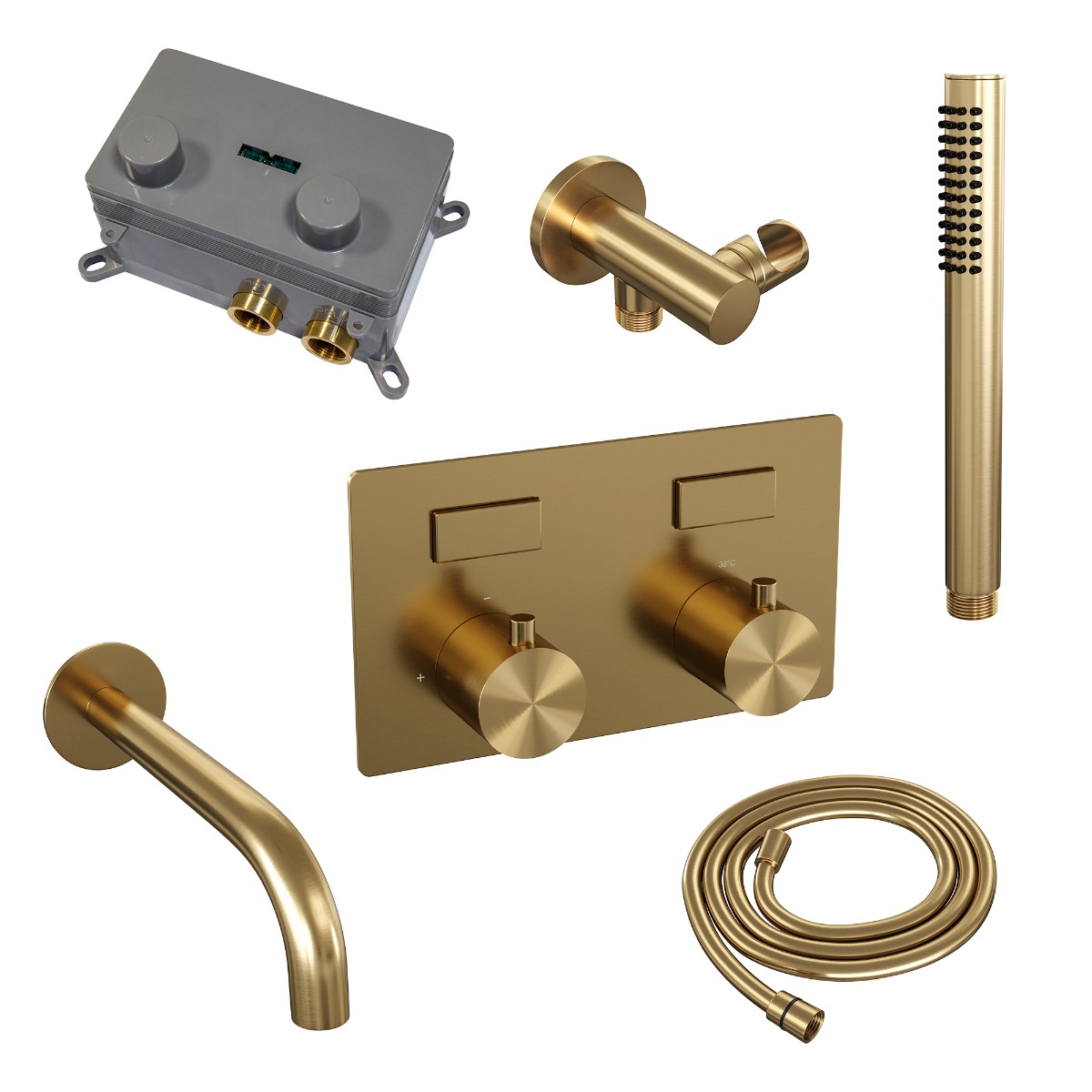Brauer Gold Edition thermostatische inbouw badkraan met uitloop en staafhanddouche set 3 messing geborsteld PVD