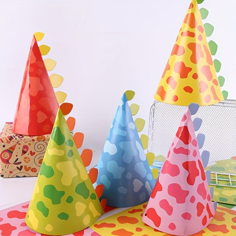 (20er Set) 11x19cm Kinder Party Hut Geburtstags Accessoire Kegel Mütze mit Gummizug - Dino