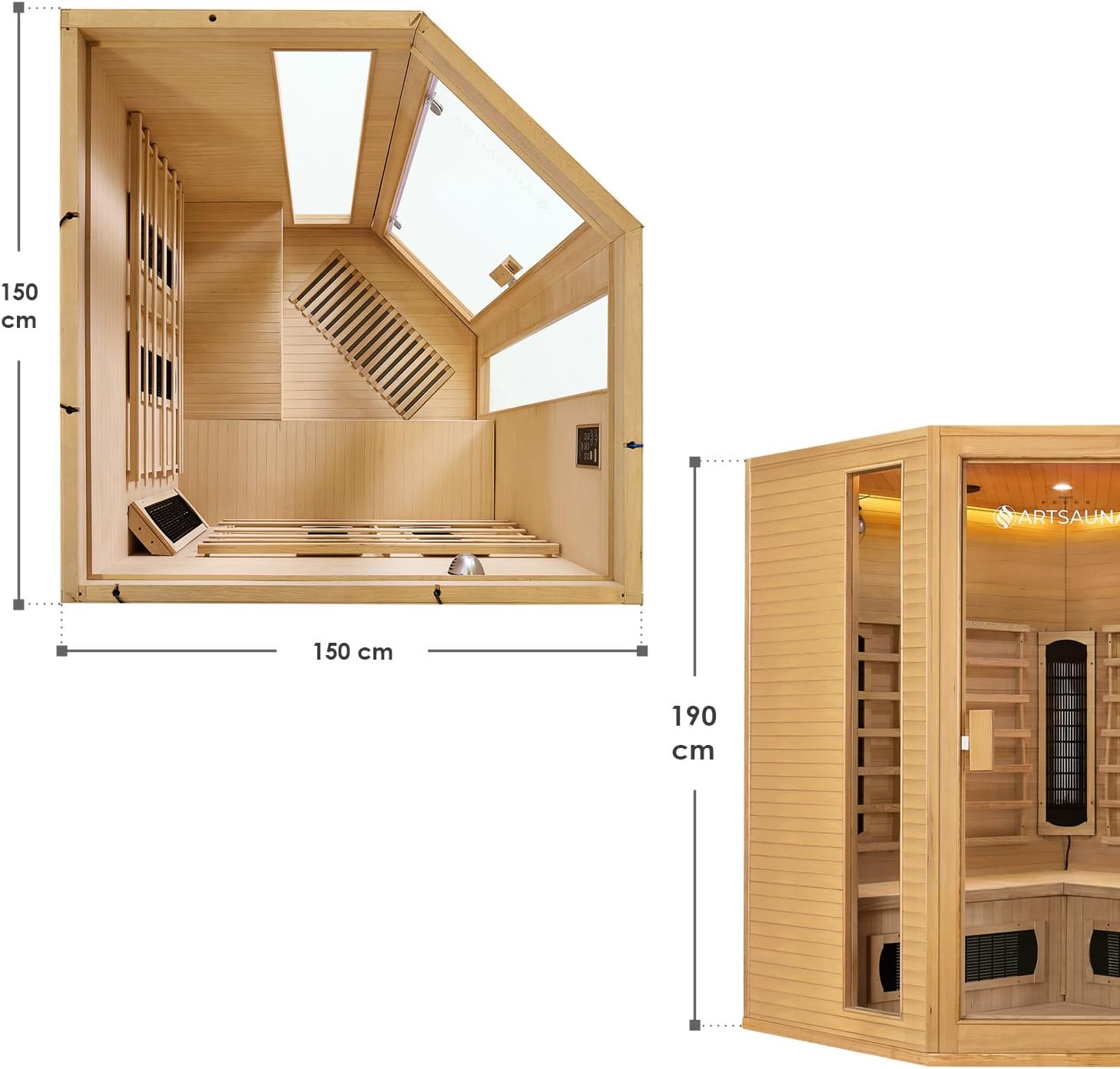 Artsauna Eck-Infrarotkabine Nyborg E150K - Infrarotsauna 150x150 cm mit Dual-Technologie & LED-Farblicht - bis zu 4 Personen - Wärmekabine aus Hemlock