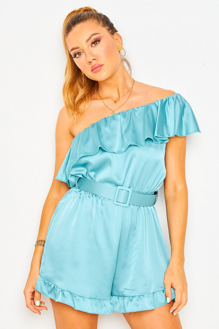 Combishort bustier bleu satiné ceinturée