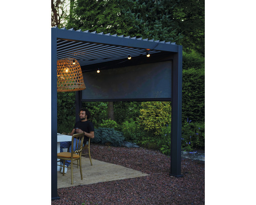 Pergola met lamellendak 3x3 kader RAL 7015 leigrijs incl. verticale zonwering (wandmontage)