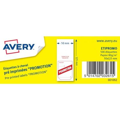 Avery - 500 étiquettes à cheval pré-imprimées Promotion - 50 x 125 mm - Blanc/Rouge