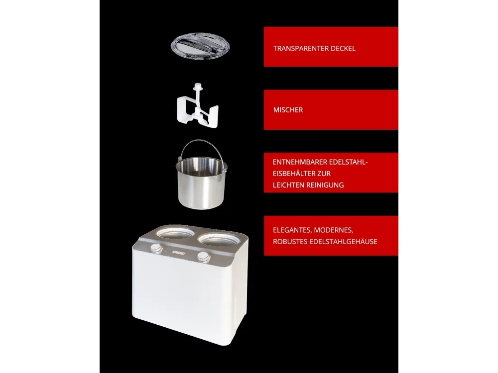Unold Doppio, Kompressor ismaskine, 2,4 L, 2 skåle, Satin stål, Hvid, 30 min., 1,2 m