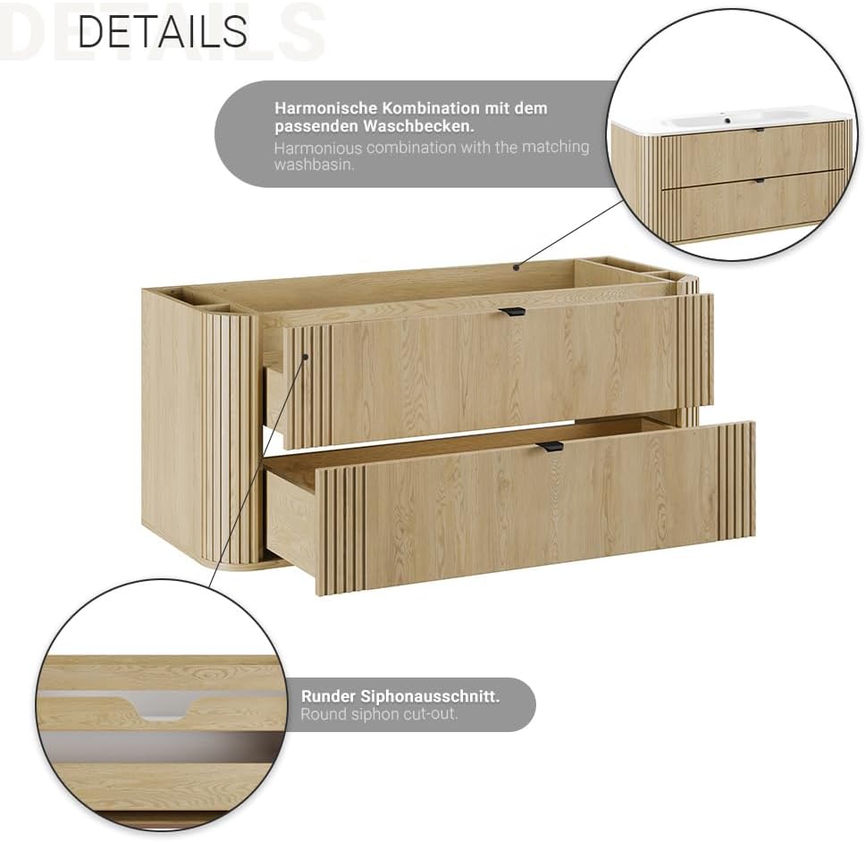 Lomadox Badmöbel-Set 3-teilig Waschtisch 120 cm mit Keramik Waschbecken, LED Spiegel und Hochschrank in Eiche, gerillt, abgerundete Kanten, Softclose, Metallgriffe