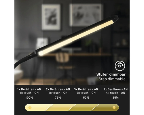 LED-kantoorlamp, 4-staps touch dimbaar, 6,5W, 600 lm, 3000 KH, 37 cm, Pivaz, zwart, geheugenfunctie