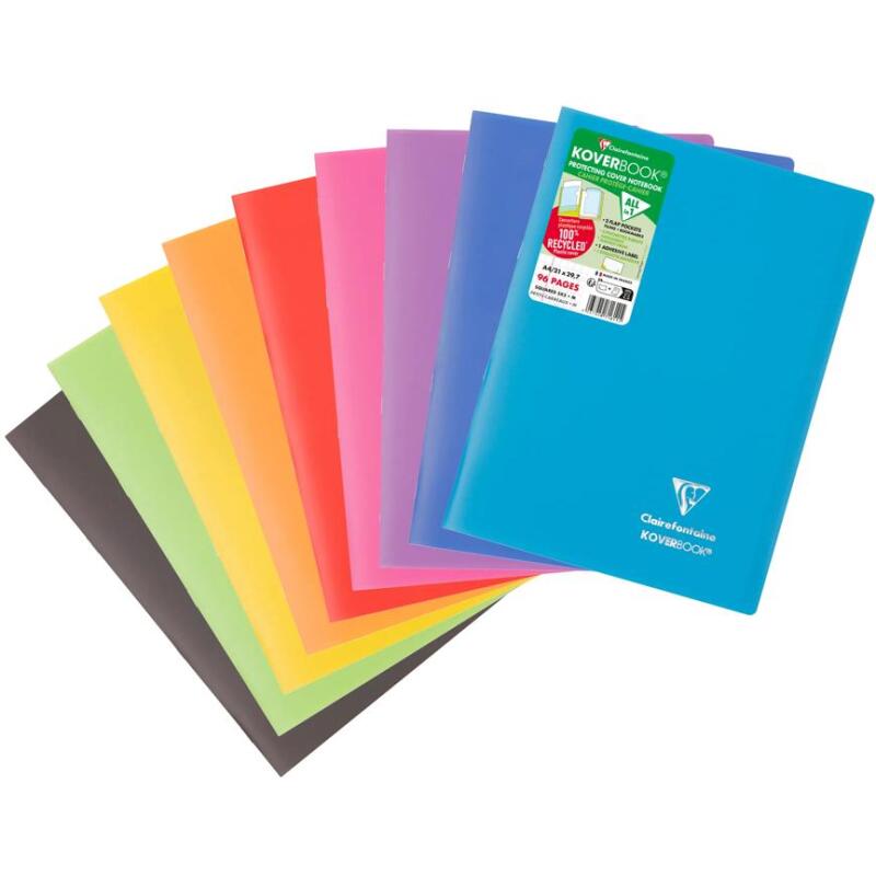 Cahier piqué Koverbook A4 96 pages petits carreaux couverture polypropylène opaque 100% recyclé - Assortis