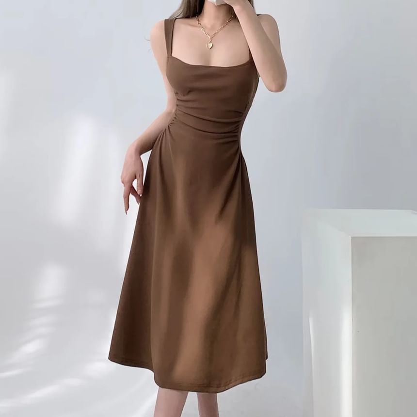 Asiris - Midi bodycon-jurk met spaghettibandjes en vierkante hals, effen ruches