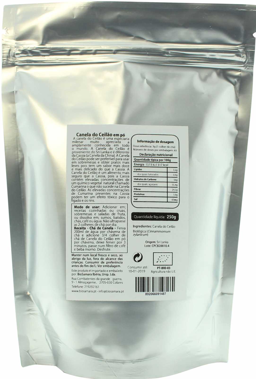 Canela em pó do Ceilão Biosamara 250g