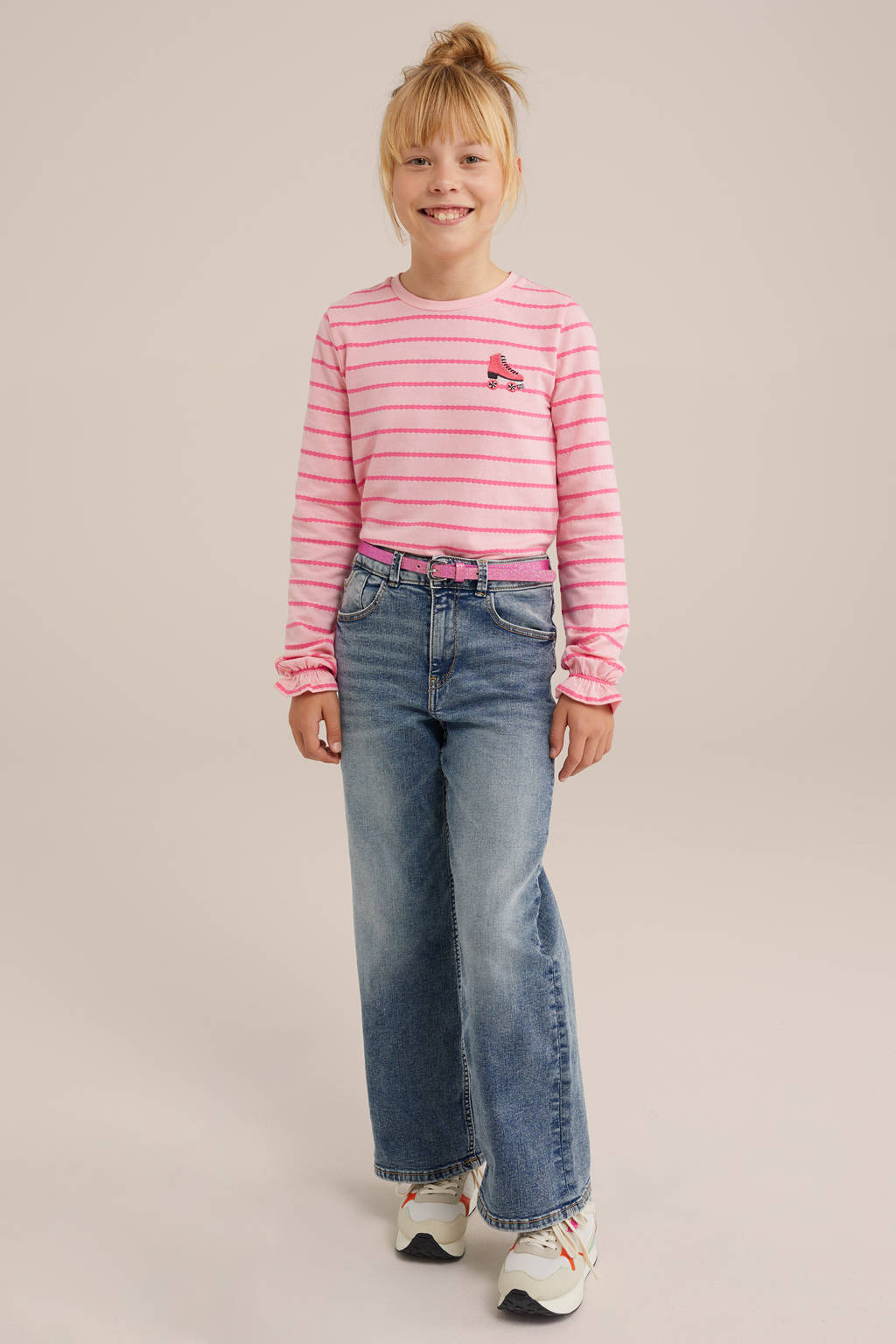 WE Fashion gestreepte longsleeve roze/rood